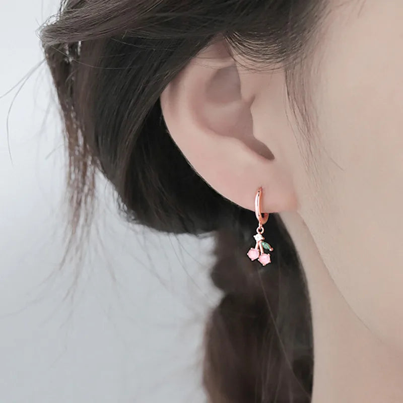 Fresh Forest Pink Cherry Sweet Fruit Ear Buckle Korean Copper Earrings