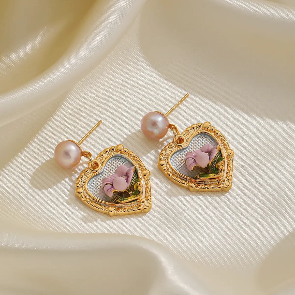 Freshwater Pearl Copper Elegant British Style Heart Shape Rose Enamel Plating Inlay Freshwater Pearl Drop Earrings