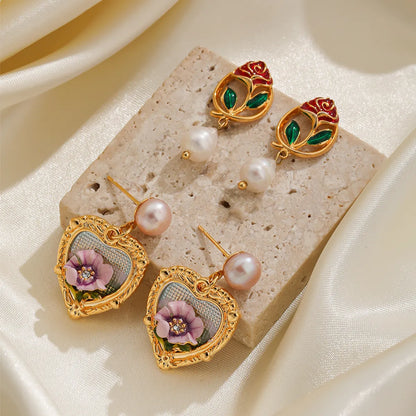 Freshwater Pearl Copper Elegant British Style Heart Shape Rose Enamel Plating Inlay Freshwater Pearl Drop Earrings