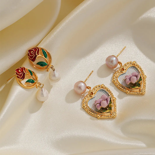 Freshwater Pearl Copper Elegant British Style Heart Shape Rose Enamel Plating Inlay Freshwater Pearl Drop Earrings