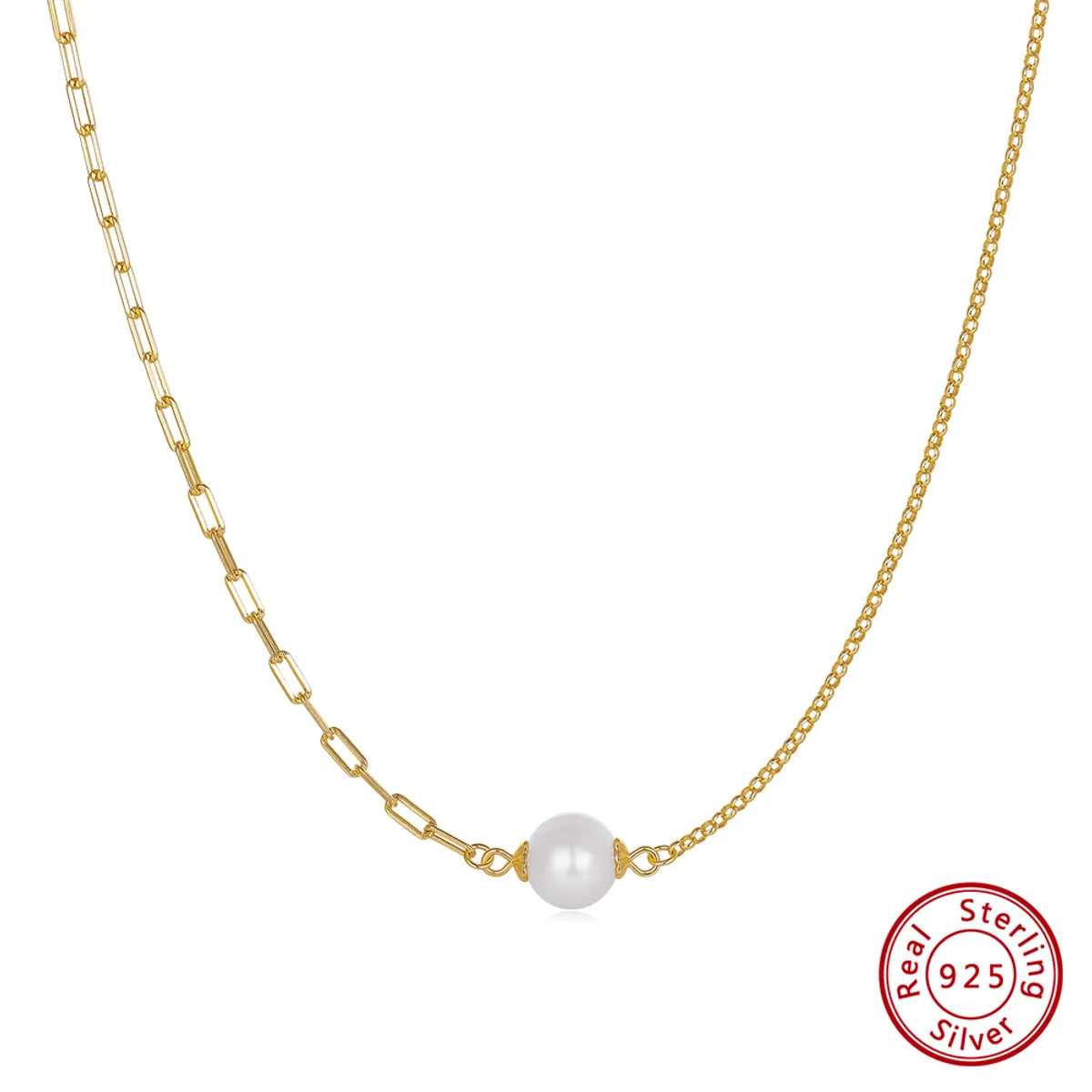 Freshwater Pearl Sterling Silver 14K Gold Plated Elegant Baroque Style Simple Style Beaded Round Necklace