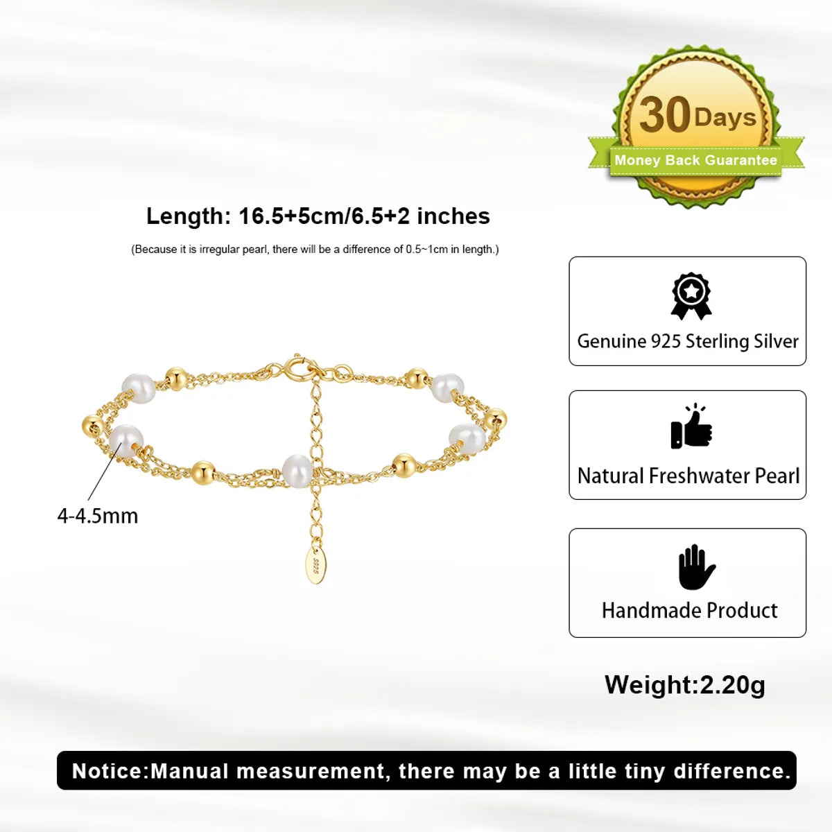 Freshwater Pearl Sterling Silver 14K Gold Plated Elegant Simple Style Beaded Plating Geometric Bracelets