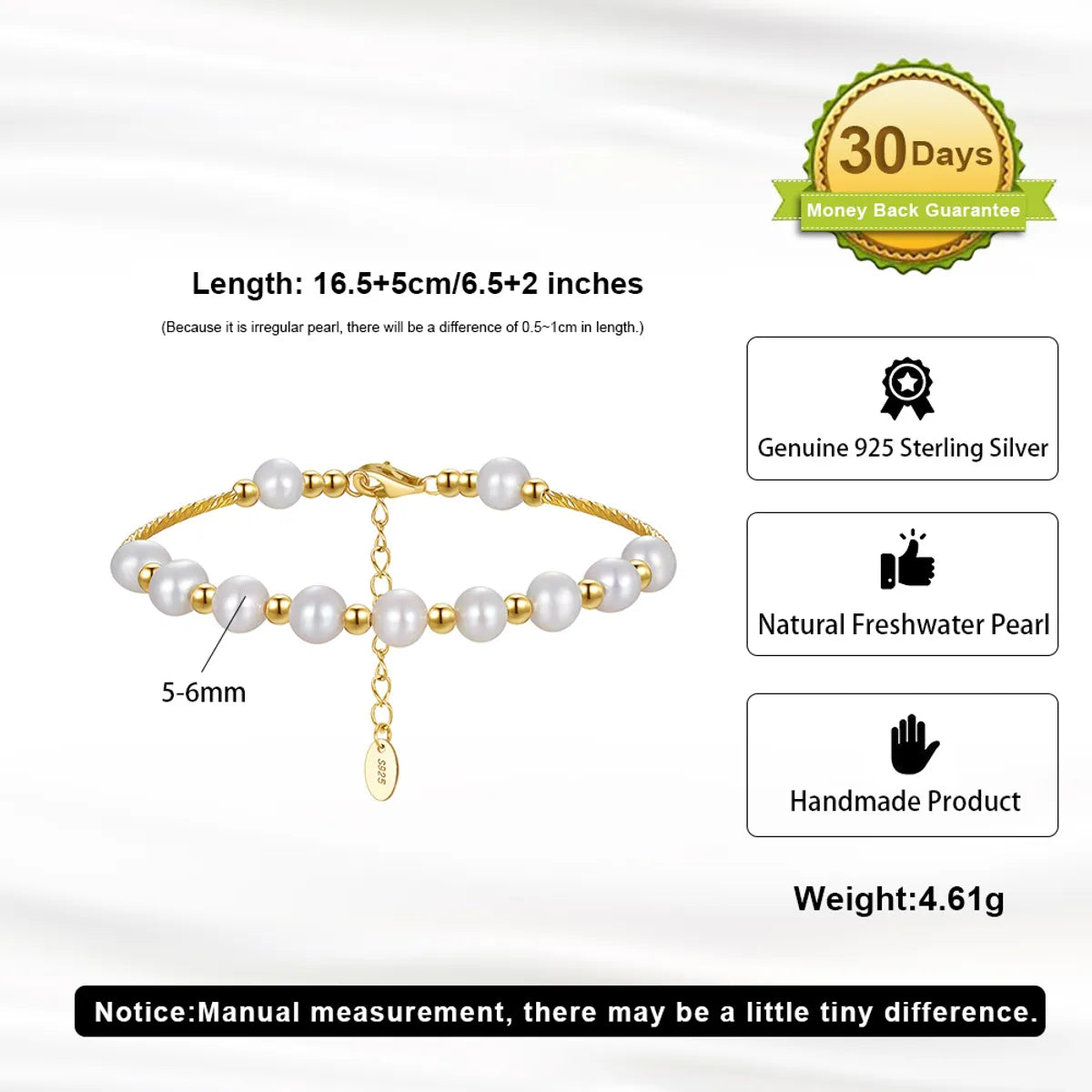 Freshwater Pearl Sterling Silver 14K Gold Plated Elegant Simple Style Beaded Plating Geometric Bracelets