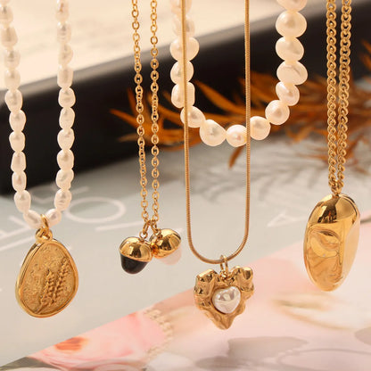 Wholesale Jewelry IG Style Casual Commute Oval Heart Shape Freshwater Pearl Titanium Steel Artificial Pearls 18K Gold Plated Beaded Plating Inlay Pendant Necklace