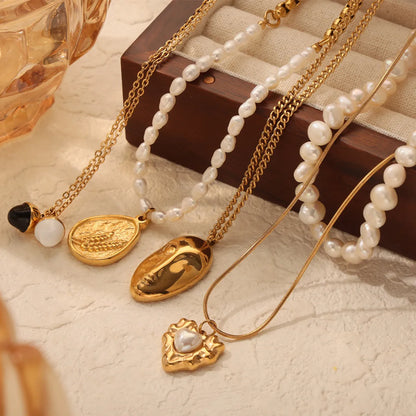 Wholesale Jewelry IG Style Casual Commute Oval Heart Shape Freshwater Pearl Titanium Steel Artificial Pearls 18K Gold Plated Beaded Plating Inlay Pendant Necklace