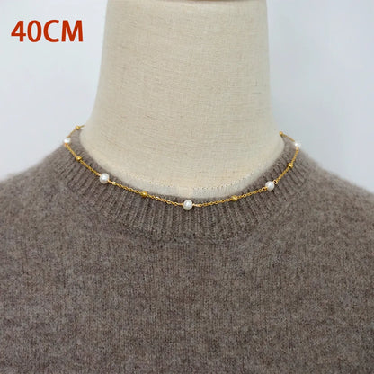 Freshwater Pearl Titanium Steel Simple Style Classic Style Round Beaded Plating Sweater Chain Long Necklace