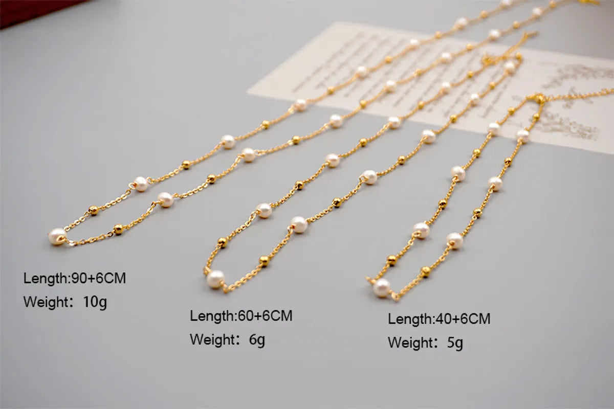 Freshwater Pearl Titanium Steel Simple Style Classic Style Round Beaded Plating Sweater Chain Long Necklace