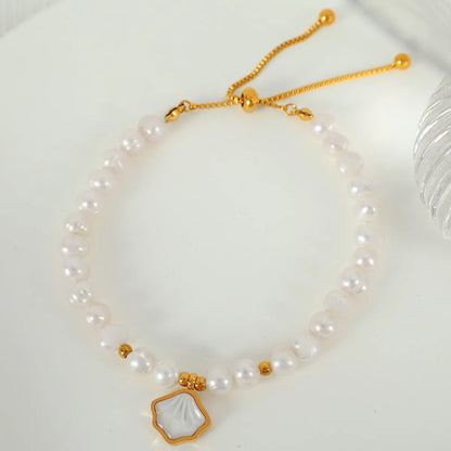 Freshwater Pearl White Shell Titanium Steel 18K Gold Plated Elegant Beaded Shell Bracelets