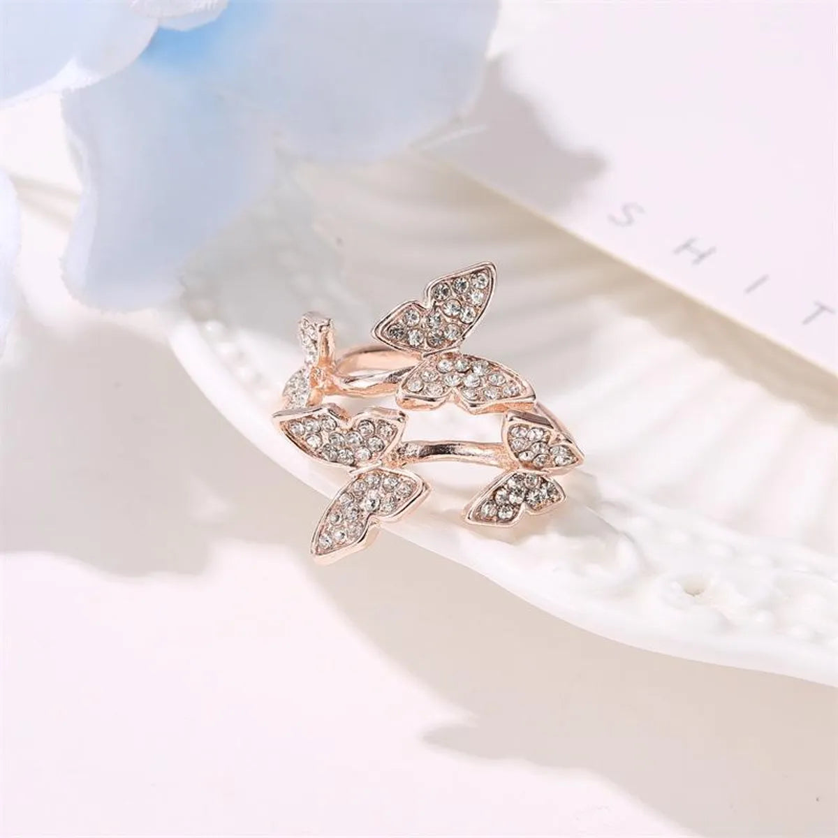 Full Diamond Four Butterfly Ring Light Luxury Index Finger Opening Ring