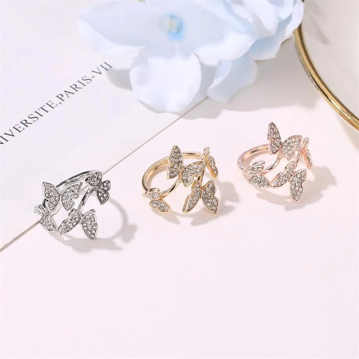 Full Diamond Four Butterfly Ring Light Luxury Index Finger Opening Ring