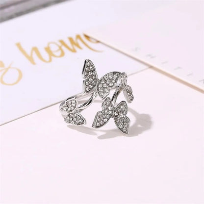 Full Diamond Four Butterfly Ring Light Luxury Index Finger Opening Ring