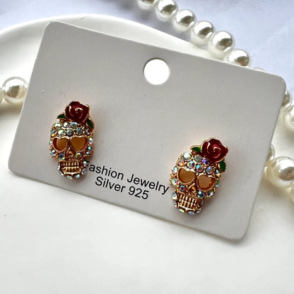 Funny Flower Skull Alloy Plating Inlay Zircon Gold Plated Halloween Women'S Ear Studs