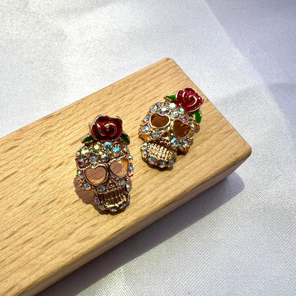 Funny Flower Skull Alloy Plating Inlay Zircon Gold Plated Halloween Women'S Ear Studs