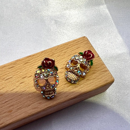 Funny Flower Skull Alloy Plating Inlay Zircon Gold Plated Halloween Women'S Ear Studs