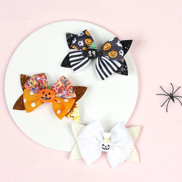 Kid'S Funny Halloween Pattern Pumpkin Bat Ribbon Sequins Bowknot Hair Clip