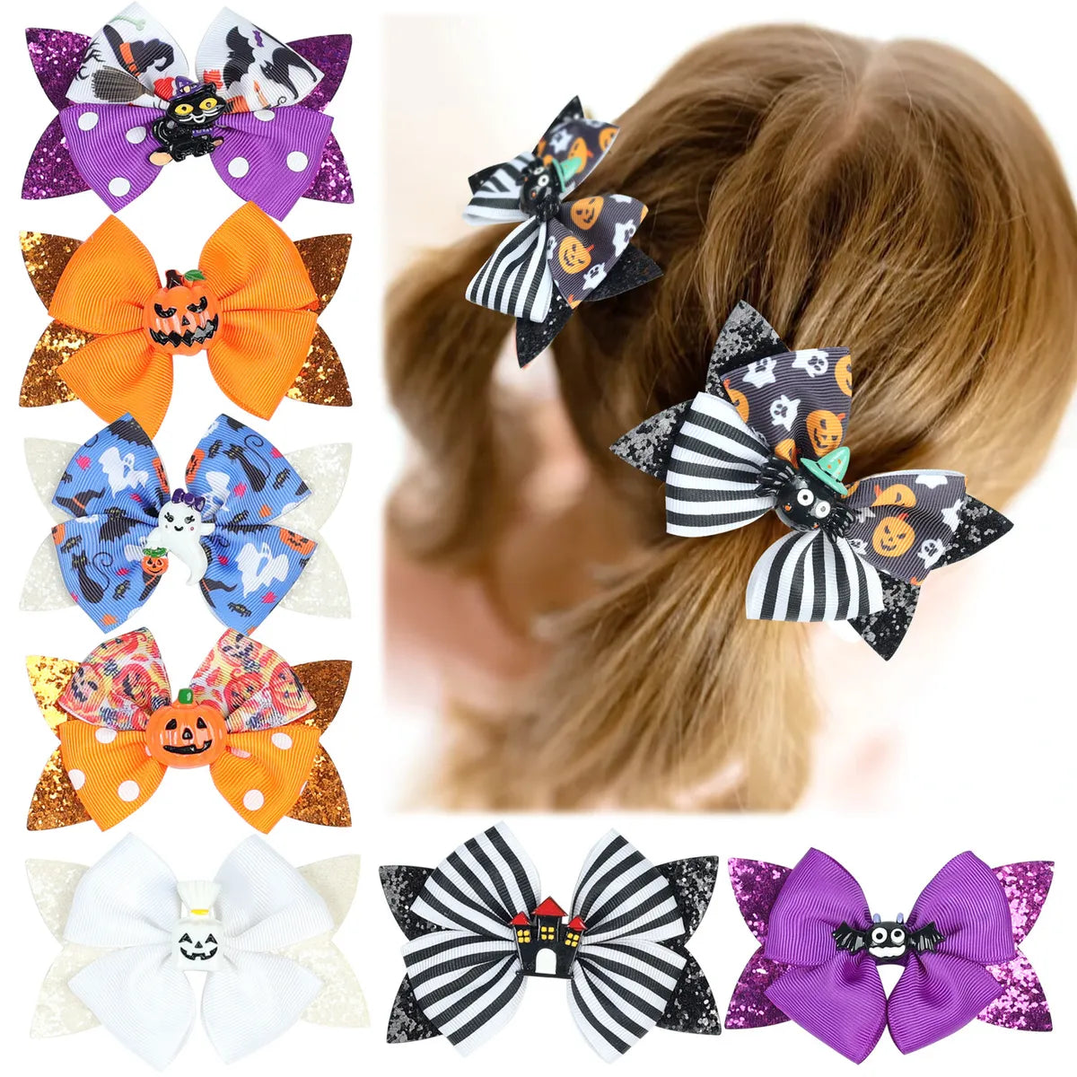 Kid'S Funny Halloween Pattern Pumpkin Bat Ribbon Sequins Bowknot Hair Clip