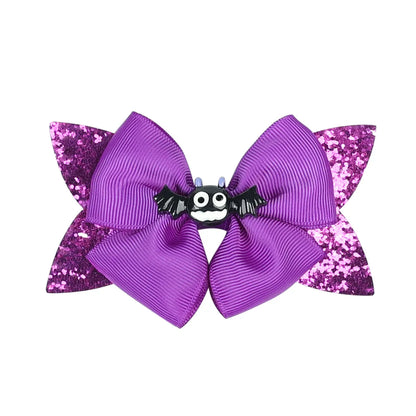 Kid'S Funny Halloween Pattern Pumpkin Bat Ribbon Sequins Bowknot Hair Clip