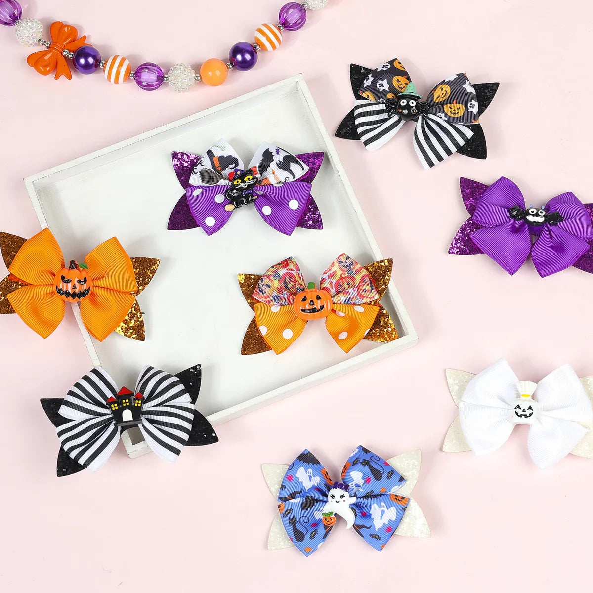 Kid'S Funny Halloween Pattern Pumpkin Bat Ribbon Sequins Bowknot Hair Clip