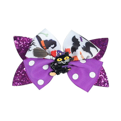 Kid'S Funny Halloween Pattern Pumpkin Bat Ribbon Sequins Bowknot Hair Clip