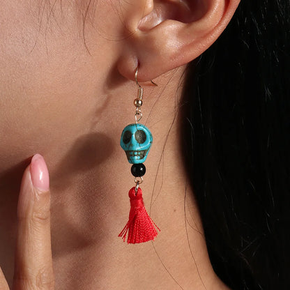 Funny Skull Turquoise Tassel Drop Earrings 1 Pair