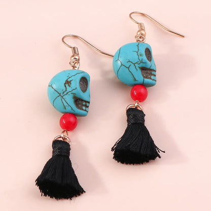 Funny Skull Turquoise Tassel Drop Earrings 1 Pair