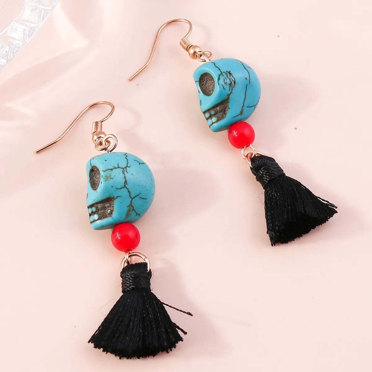 Funny Skull Turquoise Tassel Drop Earrings 1 Pair