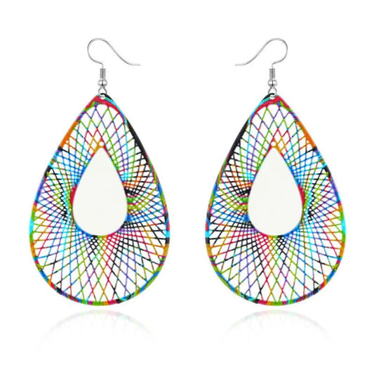 Geometric Colorful Openwork Carved Leaves Big Earrings Retro