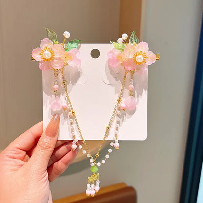 Girl'S IG Style Sweet Leaves Flower Cloth Rhinestone Tassel Pearl Hair Clip