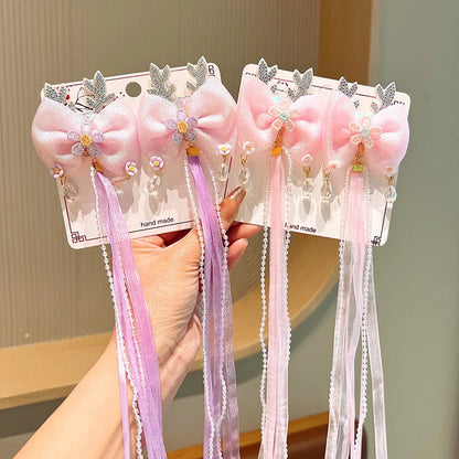 Girl'S IG Style Sweet Leaves Flower Cloth Rhinestone Tassel Pearl Hair Clip