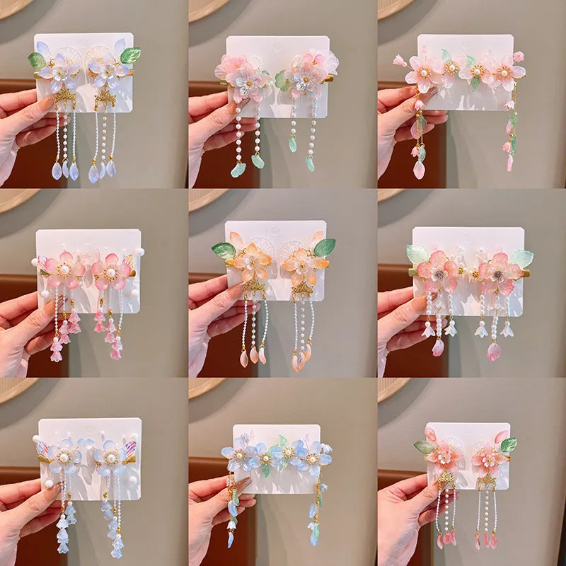 Girl'S IG Style Sweet Leaves Flower Cloth Rhinestone Tassel Pearl Hair Clip