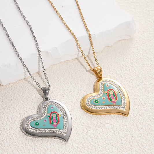 Glam Artistic Color Block Heart Shape Stainless Steel Enamel Inlay Zircon Gold Plated Earrings Necklace