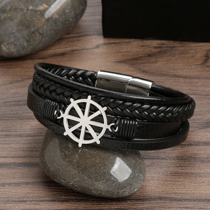 Glam Classical Luxurious Rudder Stainless Steel Pu Leather Handmade Men'S Bracelets Bangle