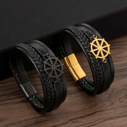 Glam Classical Luxurious Rudder Stainless Steel Pu Leather Handmade Men'S Bracelets Bangle