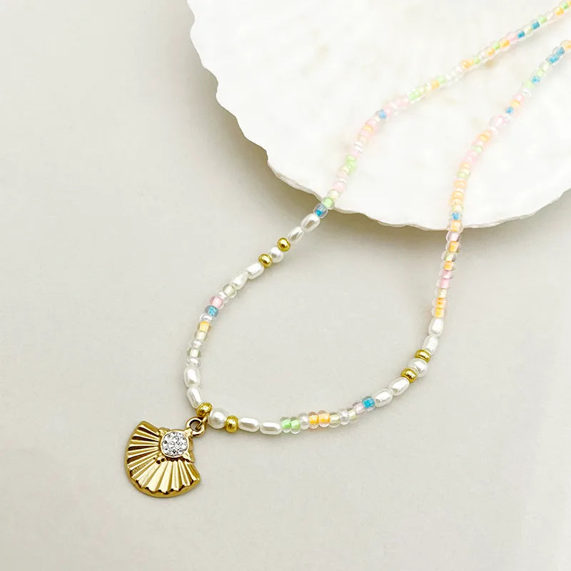 304 Stainless Steel Beaded Gold Plated Glam Commute Beaded Plating Multicolor Sector Crystal Rhinestones Beads Bracelets Necklace