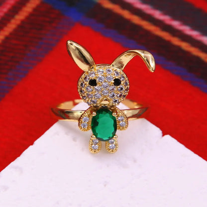 Glam Cute Rabbit Copper Plating Inlay Zircon 18k Gold Plated Open Rings