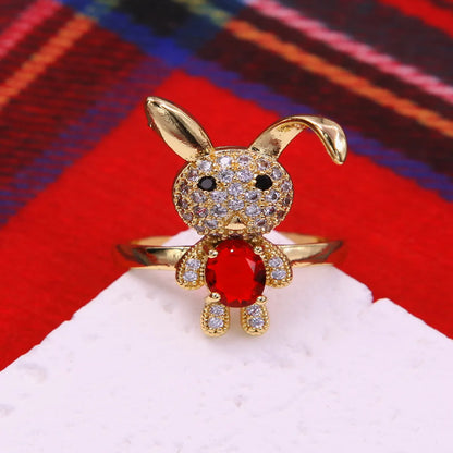 Glam Cute Rabbit Copper Plating Inlay Zircon 18k Gold Plated Open Rings