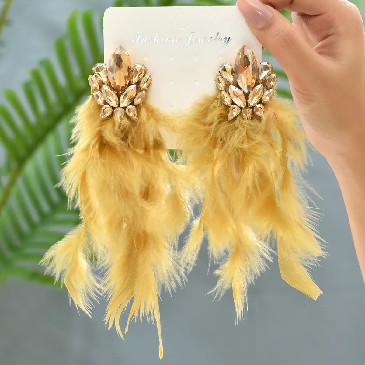 Glam Exaggerated Bridal Geometric Artificial Feather Copper Alloy Handmade Tassel Inlay Rhinestones Women's Dangling Earrings