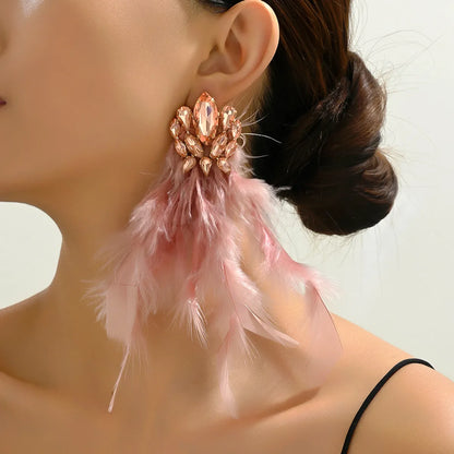 Glam Exaggerated Bridal Geometric Artificial Feather Copper Alloy Handmade Tassel Inlay Rhinestones Women's Dangling Earrings