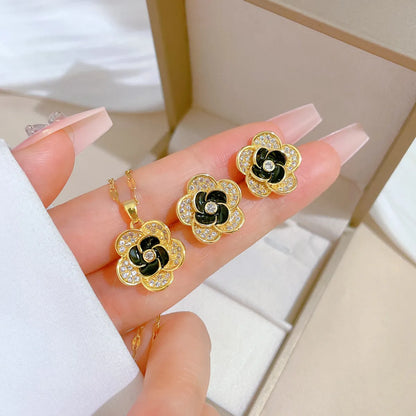 Glam Flower Titanium Steel Copper Enamel Plating Inlay Zircon Gold Plated Earrings Necklace