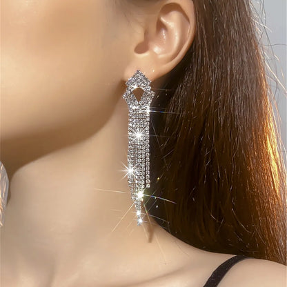 Glam Geometric Rhinestone Tassel Drop Earrings 1 Pair