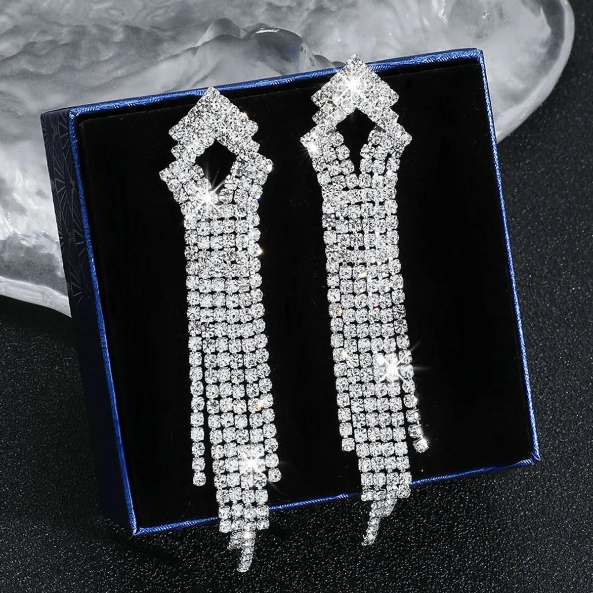 Glam Geometric Rhinestone Tassel Drop Earrings 1 Pair