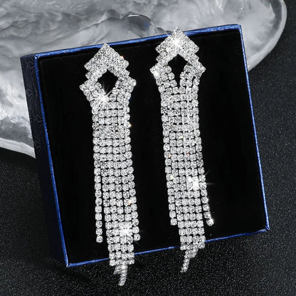 Glam Geometric Rhinestone Tassel Drop Earrings 1 Pair