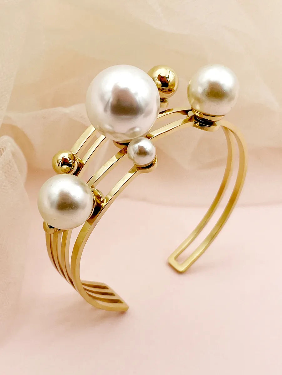 Glam Lady Irregular Stainless Steel Imitation Pearl Plating 14k Gold Plated Bangle