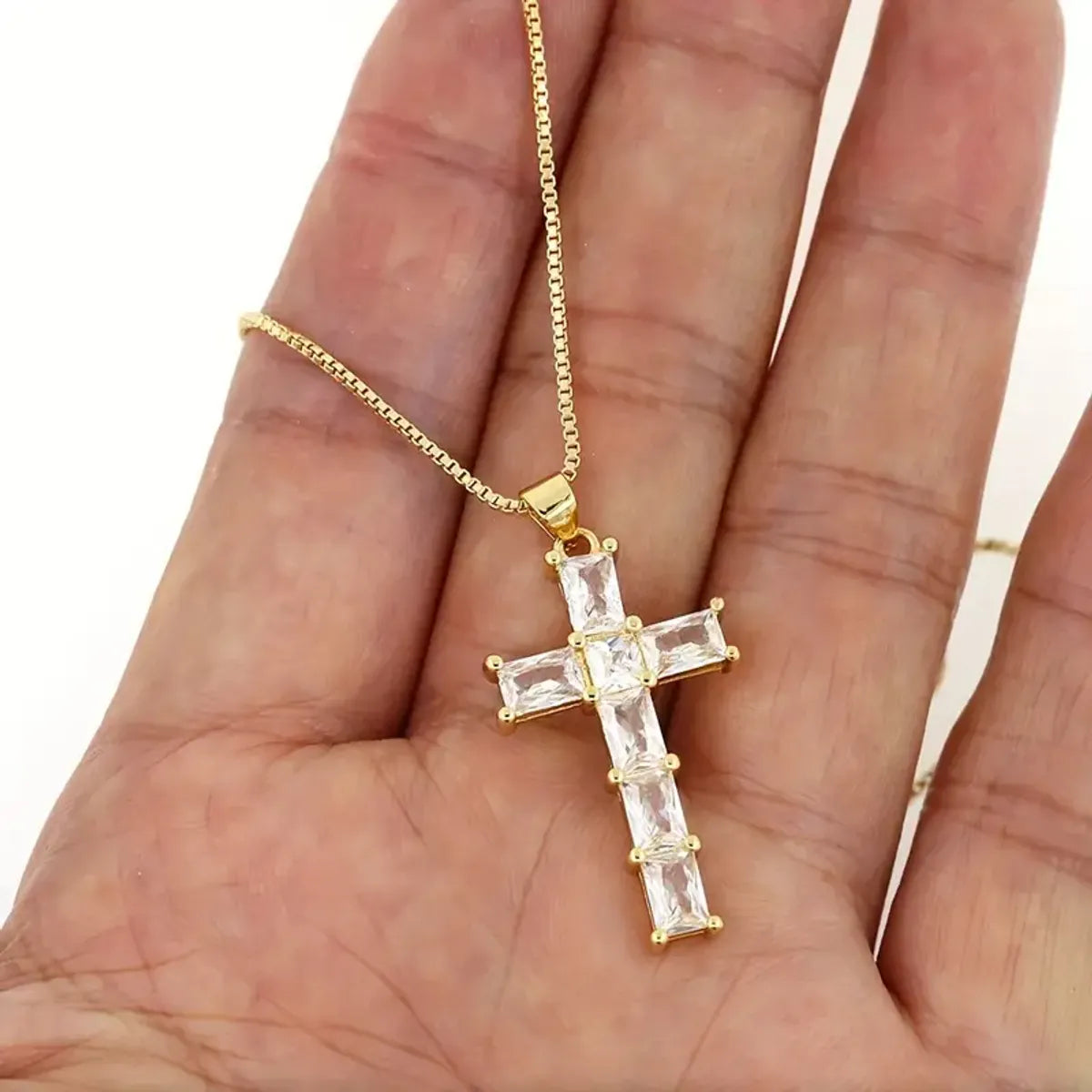 Glam Lady Shiny Cross Copper Plating Inlay Zircon 18k Gold Plated Pendant Necklace