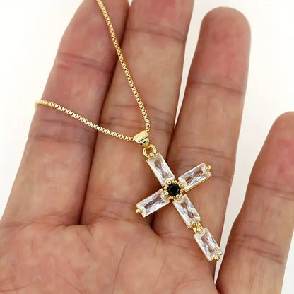 Glam Lady Shiny Cross Copper Plating Inlay Zircon 18k Gold Plated Pendant Necklace