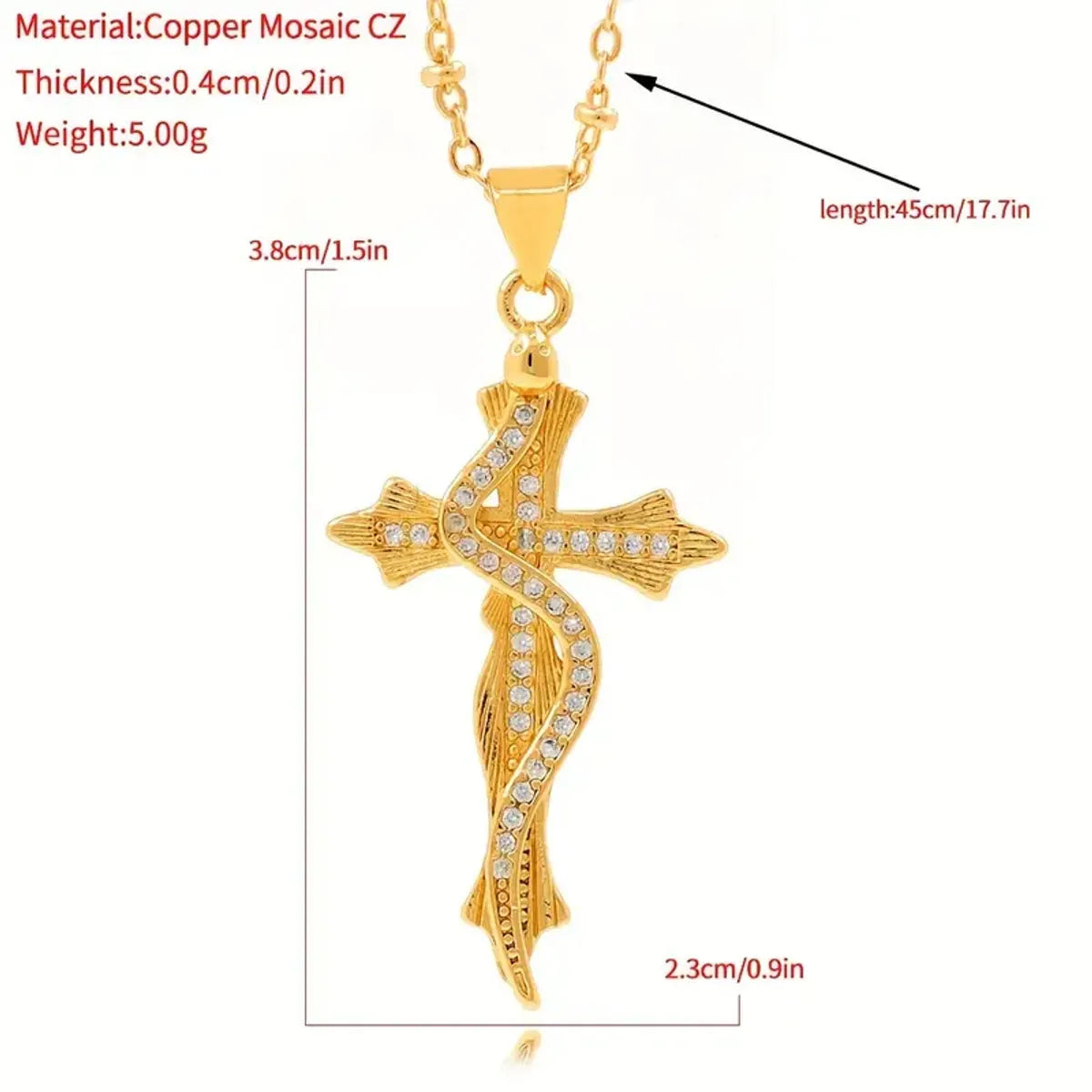 Glam Lady Shiny Cross Copper Plating Inlay Zircon 18k Gold Plated Pendant Necklace