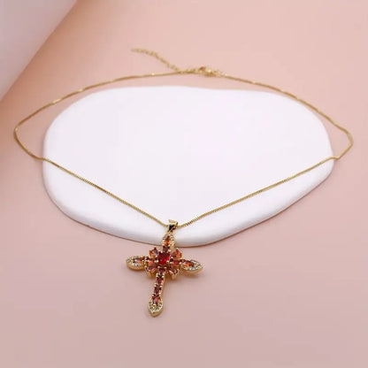 Glam Lady Shiny Cross Flower Copper 18k Gold Plated Zircon Pendant Necklace In Bulk