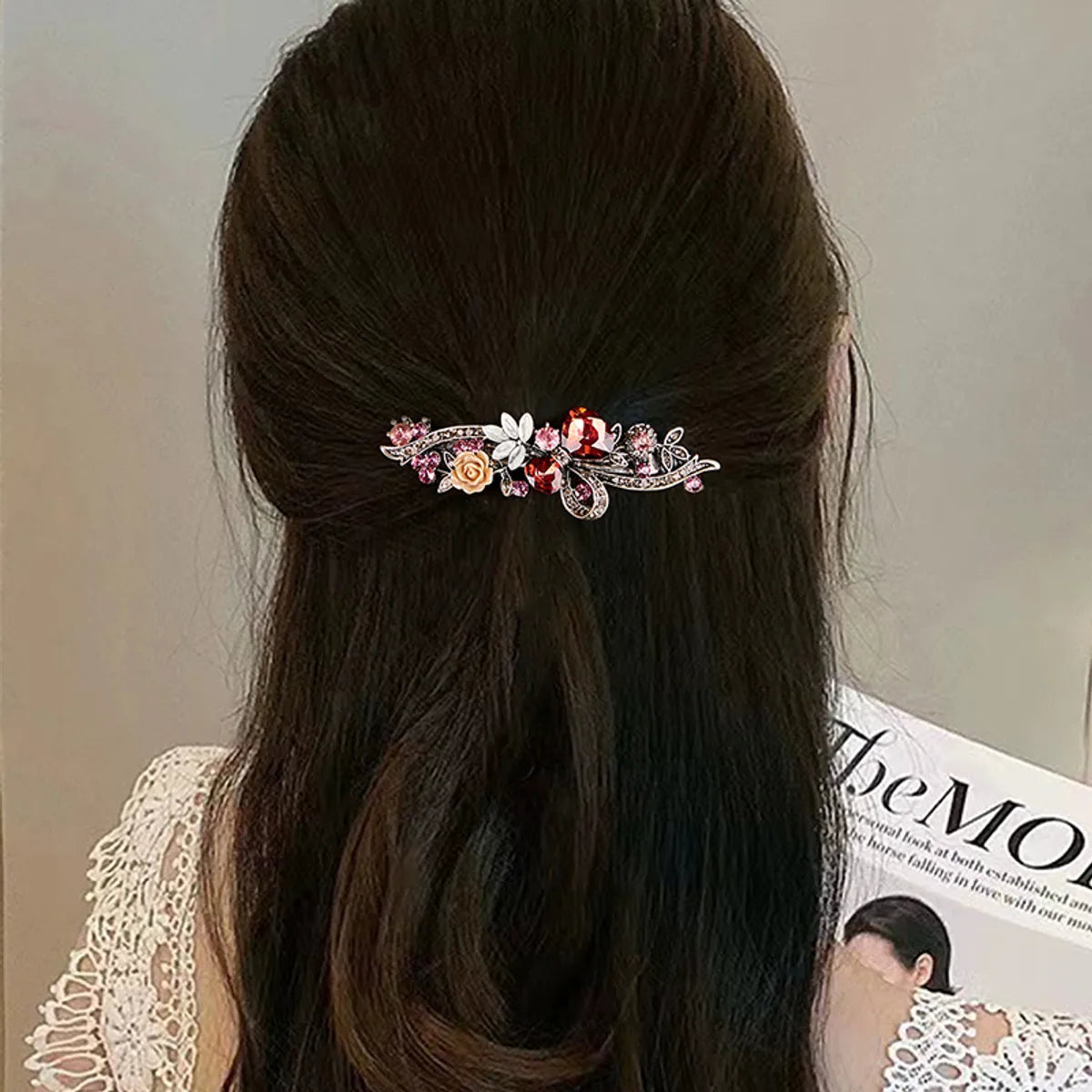 Glam Lady Shiny Leaf Flower Alloy Inlay Rhinestones Hair Clip