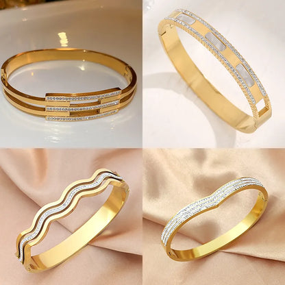 Glam Luxurious Classic Style Geometric 304 Stainless Steel 18K Gold Plated Rhinestones Bangle In Bulk