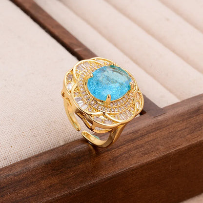 Glam Luxurious Flower Copper Plating Inlay Zircon 18k Gold Plated Rings